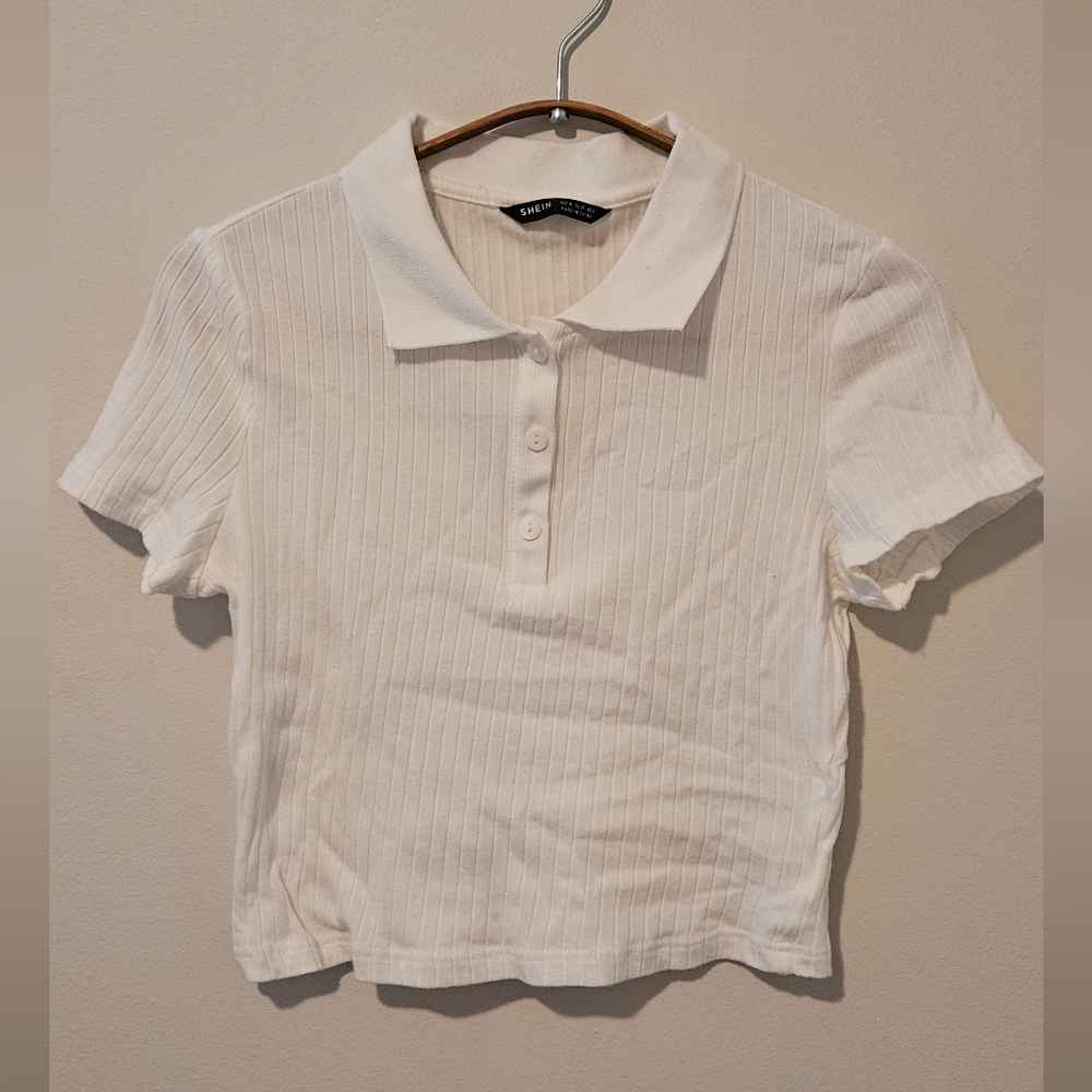White Ribbed Polo Collar Top